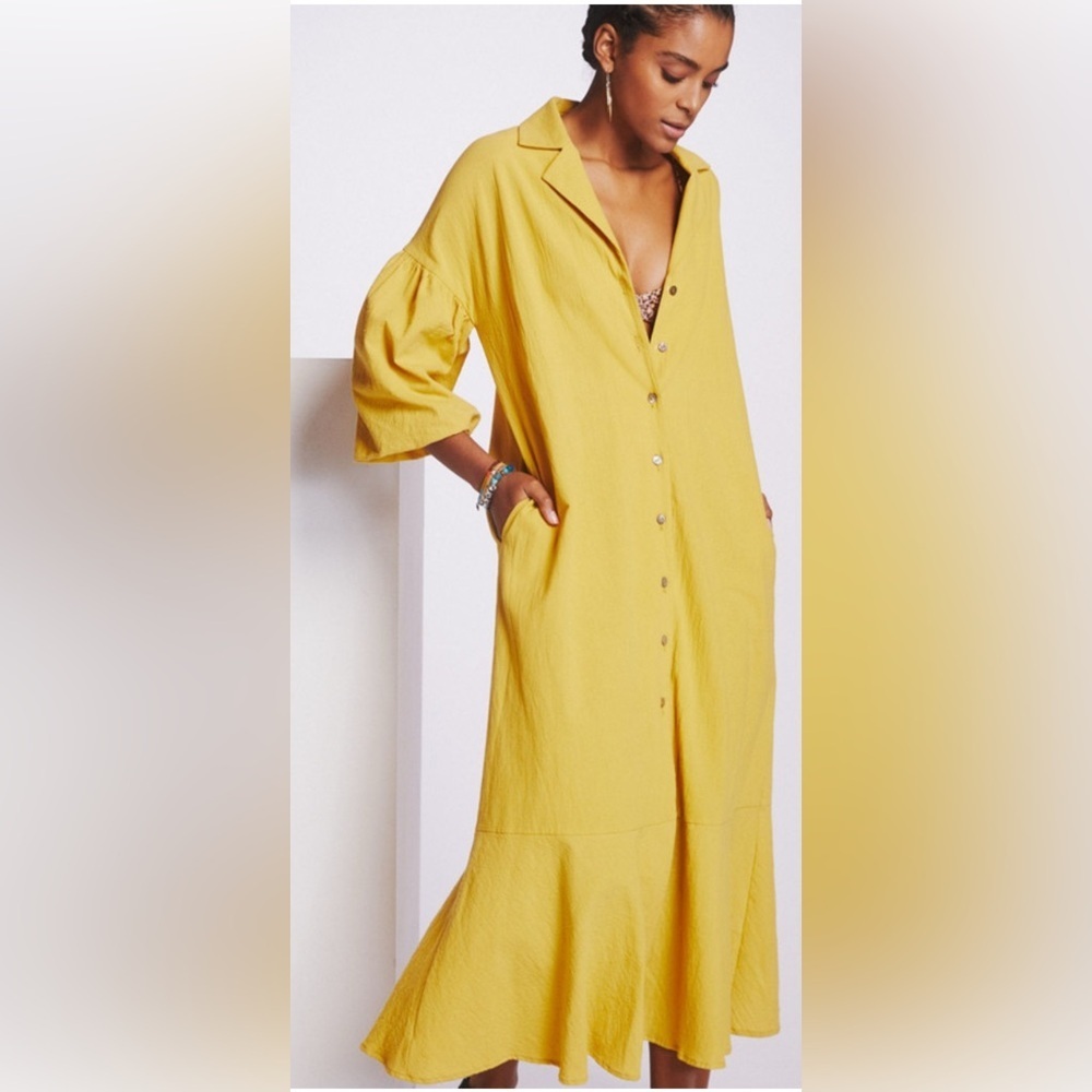 Margo Baridon Relaxed midi dress Yellow puff sleeve button down dress size large